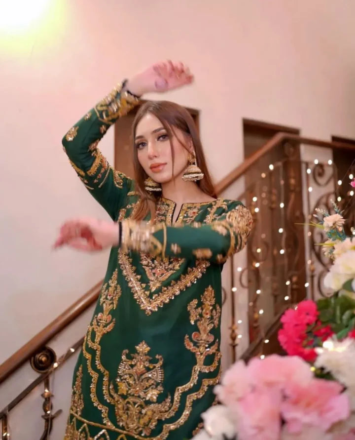 Bottle Green Raw Silk Sharara Dress for Mehndi