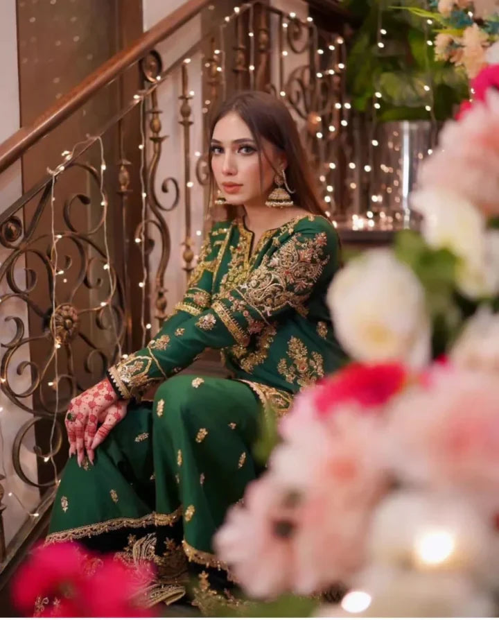 Bottle Green Raw Silk Sharara Dress for Mehndi